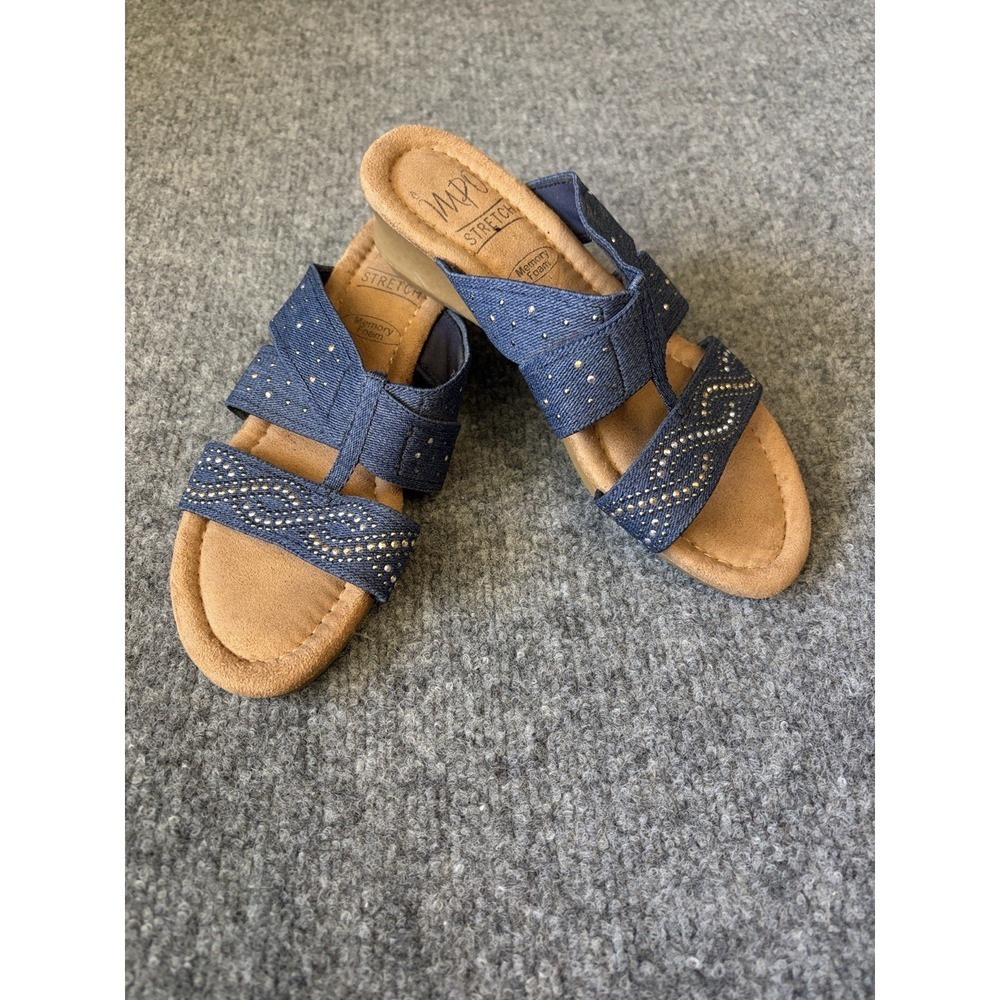 Impo Stretch Sandals Women 6.5 Blue Glen Rhinestone Wedge Slip On Beach Vacation